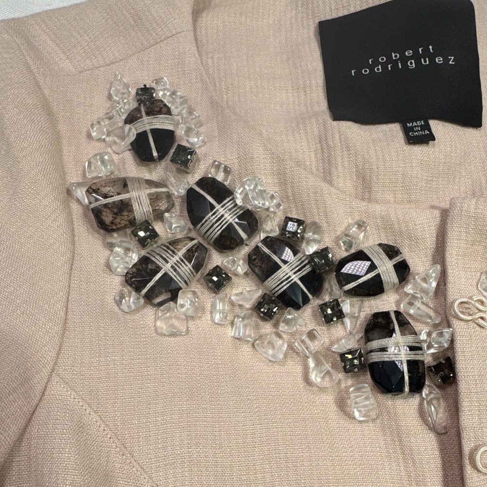 Robert Rodriguez Linen Embellished Jewel Neck Hook & Eye Jacket Blush Pink Women - Picture 4 of 10